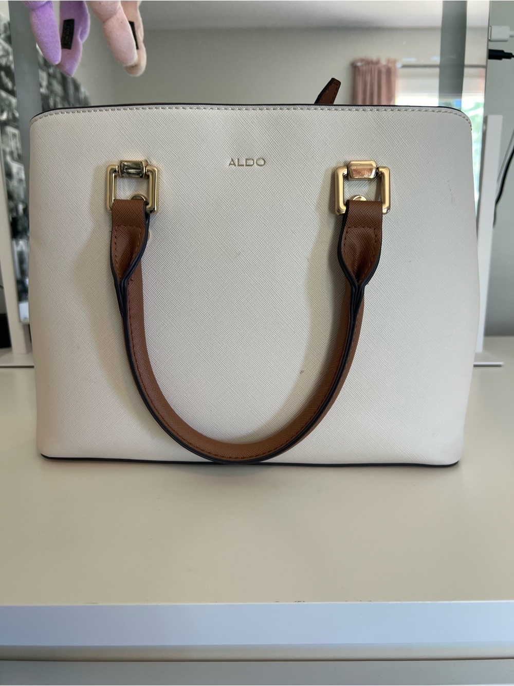 ALDO White Satchel with Brown Handles and Gold Hardware